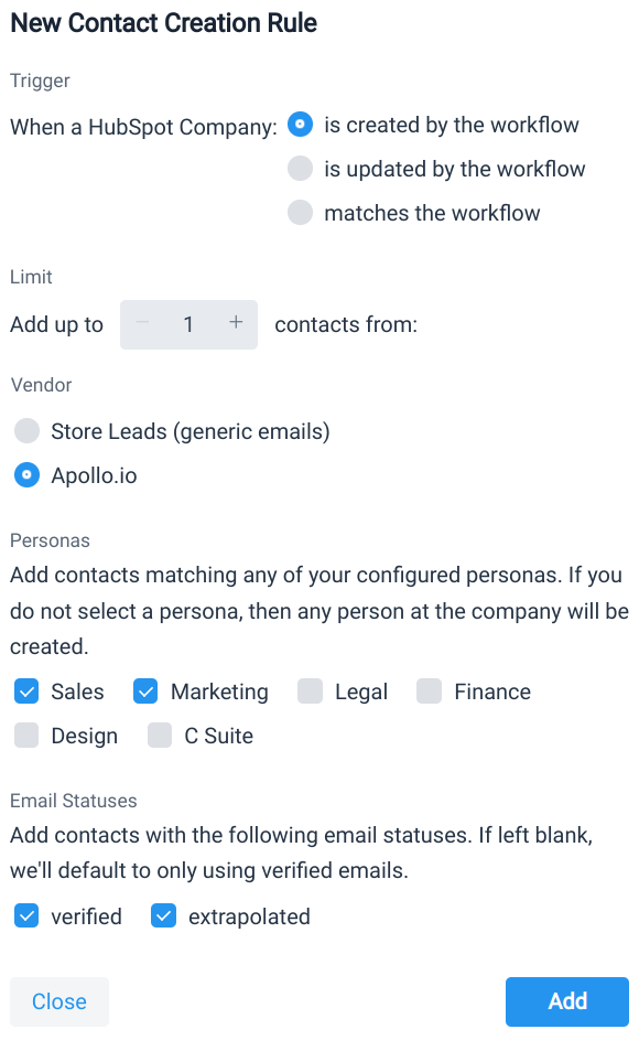 New HubSpot contact creation rule
